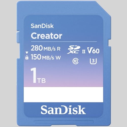 SANDISK 1TB Creator SD UHS-II Card, Read speeds up to 280MB/s, for DSLR and Mirrorless Cameras, 4K UHD, 6K Video, V60, 1 Mont